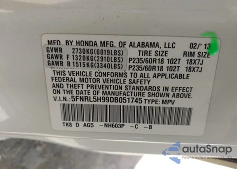 2013 Honda Odyssey Touring/Touring Elite from USA, damaged, VIN 5FNRL5H99DB051745